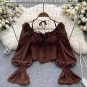 Francia elegáns kötőfékes blúzok Női, masni, akasztós ujjú, rövid felsők Dames HighStreet Blusa Mujer Alkalmi ingek Ruhák Dropshipping