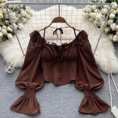 Francia elegáns kötőfékes blúzok Női, masni, akasztós ujjú, rövid felsők Dames HighStreet Blusa Mujer Alkalmi ingek Ruhák Dropshipping