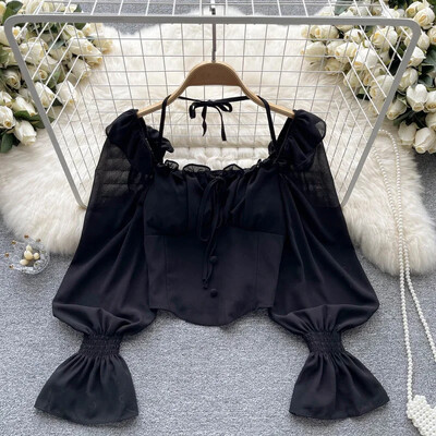 Francia elegáns kötőfékes blúzok Női, masni, akasztós ujjú, rövid felsők Dames HighStreet Blusa Mujer Alkalmi ingek Ruhák Dropshipping