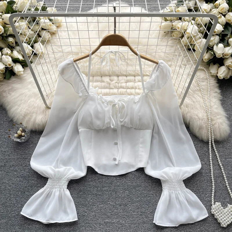 Francia elegáns kötőfékes blúzok Női, masni, akasztós ujjú, rövid felsők Dames HighStreet Blusa Mujer Alkalmi ingek Ruhák Dropshipping