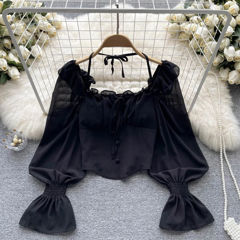 Francia elegáns kötőfékes blúzok Női, masni, akasztós ujjú, rövid felsők Dames HighStreet Blusa Mujer Alkalmi ingek Ruhák Dropshipping