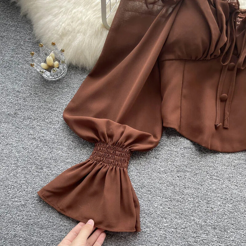 Francia elegáns kötőfékes blúzok Női, masni, akasztós ujjú, rövid felsők Dames HighStreet Blusa Mujer Alkalmi ingek Ruhák Dropshipping