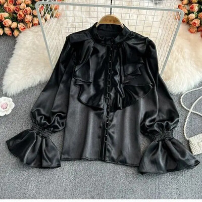 Vintage tömör női blúzok Elegáns acetát szatén állvány gallér kiszélesedő ujjú dizájn Új elegáns, édes laza fodros női mujer