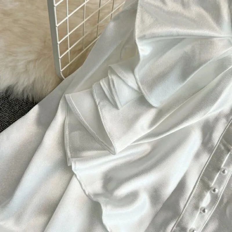 Vintage tömör női blúzok Elegáns acetát szatén állvány gallér kiszélesedő ujjú dizájn Új elegáns, édes laza fodros női mujer