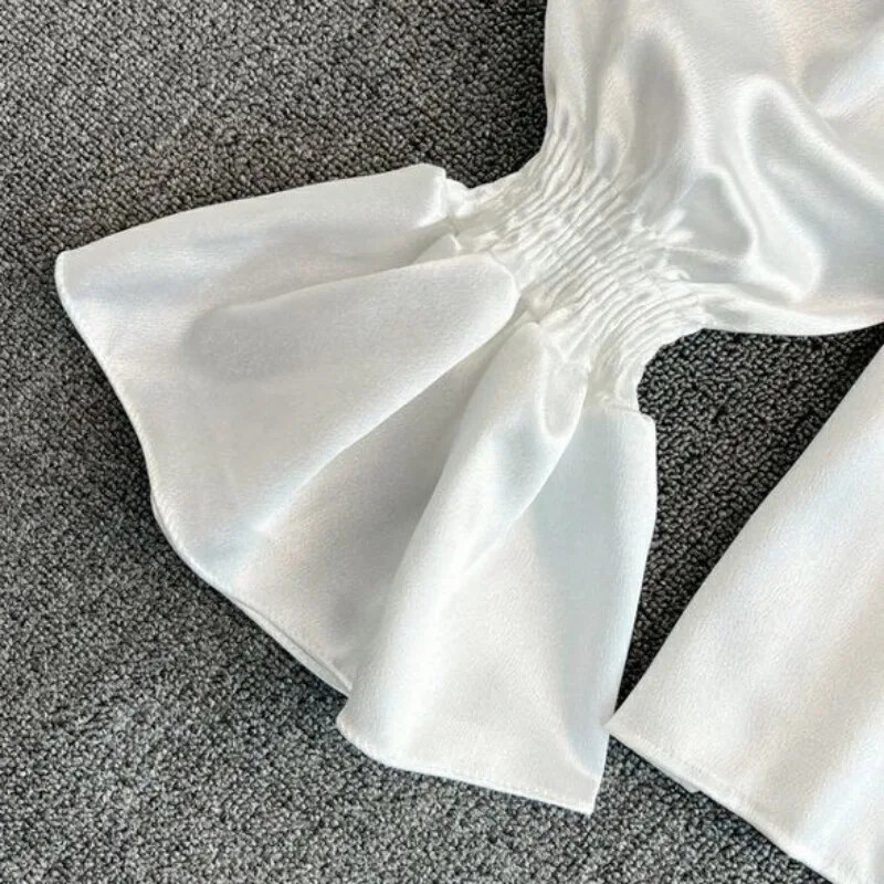 Vintage tömör női blúzok Elegáns acetát szatén állvány gallér kiszélesedő ujjú dizájn Új elegáns, édes laza fodros női mujer