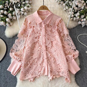 EWQ virágos üreges csipkeing Női Elegáns hajtókagallérral Egysoros laza, tömör felsők, divat 2024 új ruházat 27x424