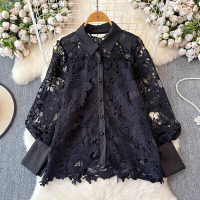 EWQ virágos üreges csipkeing Női Elegáns hajtókagallérral Egysoros laza, tömör felsők, divat 2024 új ruházat 27x424