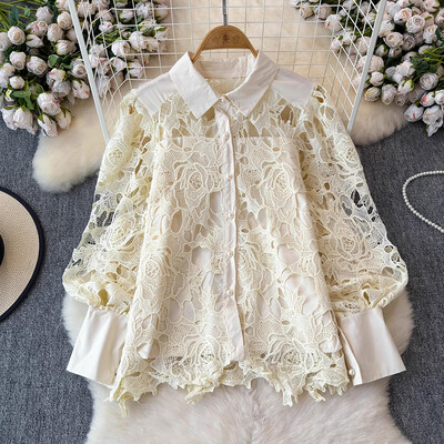 EWQ virágos üreges csipkeing Női Elegáns hajtókagallérral Egysoros laza, tömör felsők, divat 2024 új ruházat 27x424