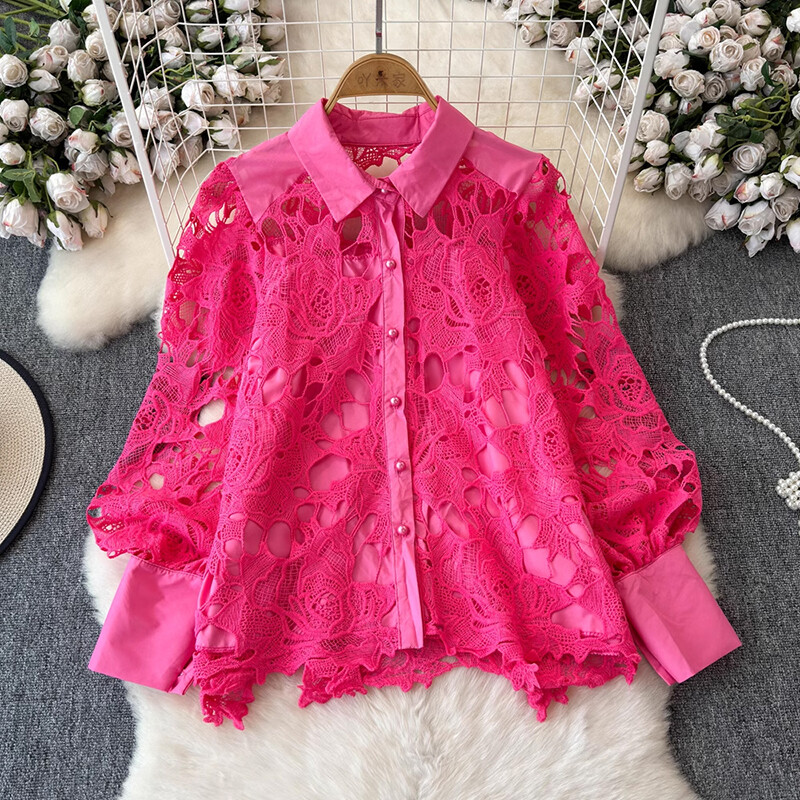 EWQ virágos üreges csipkeing Női Elegáns hajtókagallérral Egysoros laza, tömör felsők, divat 2024 új ruházat 27x424