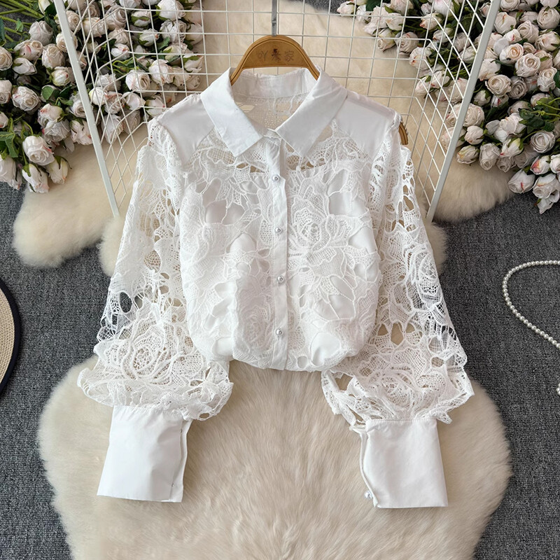 EWQ virágos üreges csipkeing Női Elegáns hajtókagallérral Egysoros laza, tömör felsők, divat 2024 új ruházat 27x424