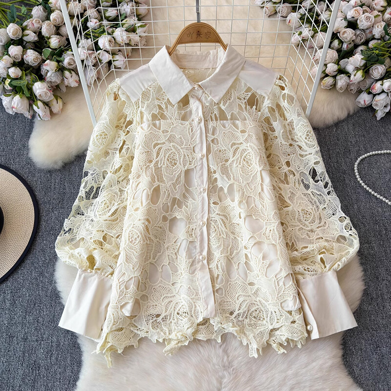EWQ virágos üreges csipkeing Női Elegáns hajtókagallérral Egysoros laza, tömör felsők, divat 2024 új ruházat 27x424