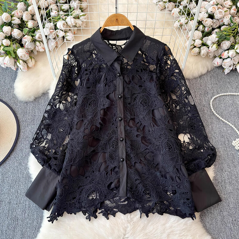 EWQ virágos üreges csipkeing Női Elegáns hajtókagallérral Egysoros laza, tömör felsők, divat 2024 új ruházat 27x424