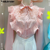 2022 tavaszi őszi alkalmi masszív női ing hajtóka gallérral, hosszú ujjú patchwork, fodros szegéllyel dörzsölt laza elegáns női blúzok