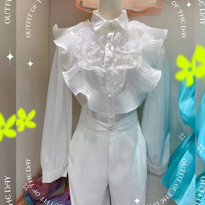 2022 tavaszi őszi alkalmi masszív női ing hajtóka gallérral, hosszú ujjú patchwork, fodros szegéllyel dörzsölt laza elegáns női blúzok