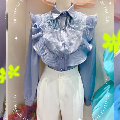 2022 tavaszi őszi alkalmi masszív női ing hajtóka gallérral, hosszú ujjú patchwork, fodros szegéllyel dörzsölt laza elegáns női blúzok