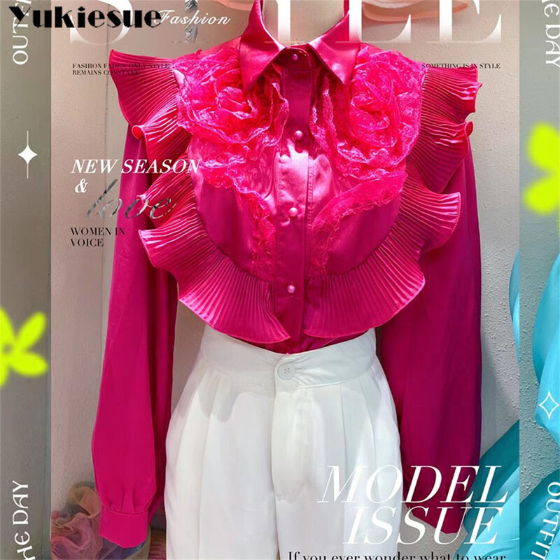 2022 tavaszi őszi alkalmi masszív női ing hajtóka gallérral, hosszú ujjú patchwork, fodros szegéllyel dörzsölt laza elegáns női blúzok