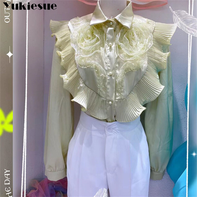 2022 tavaszi őszi alkalmi masszív női ing hajtóka gallérral, hosszú ujjú patchwork, fodros szegéllyel dörzsölt laza elegáns női blúzok