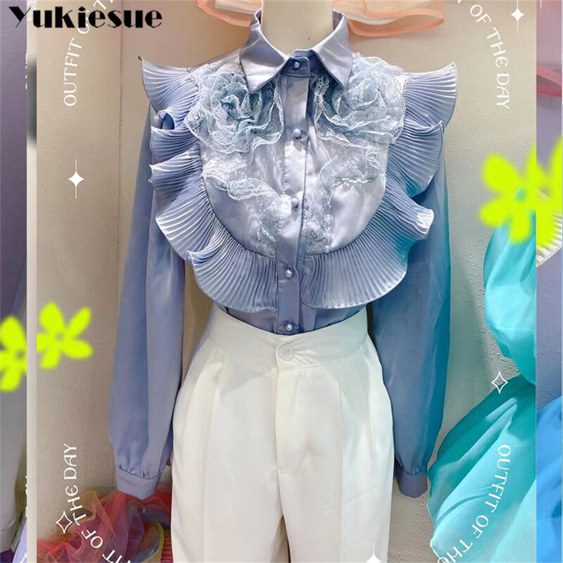 2022 tavaszi őszi alkalmi masszív női ing hajtóka gallérral, hosszú ujjú patchwork, fodros szegéllyel dörzsölt laza elegáns női blúzok