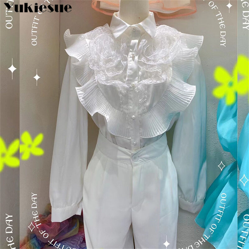 2022 tavaszi őszi alkalmi masszív női ing hajtóka gallérral, hosszú ujjú patchwork, fodros szegéllyel dörzsölt laza elegáns női blúzok