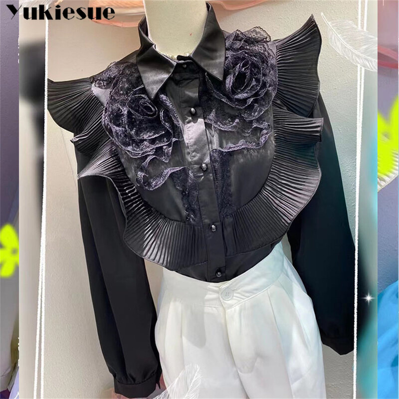 2022 tavaszi őszi alkalmi masszív női ing hajtóka gallérral, hosszú ujjú patchwork, fodros szegéllyel dörzsölt laza elegáns női blúzok