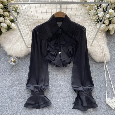 Fodros galléros hosszú, felfújt ujjú ing női koreai divat szatén bő ingek női egysoros gombos felső Dropshipping