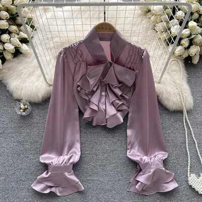 Fodros galléros hosszú, felfújt ujjú ing női koreai divat szatén bő ingek női egysoros gombos felső Dropshipping