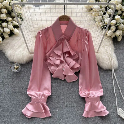 Fodros galléros hosszú, felfújt ujjú ing női koreai divat szatén bő ingek női egysoros gombos felső Dropshipping