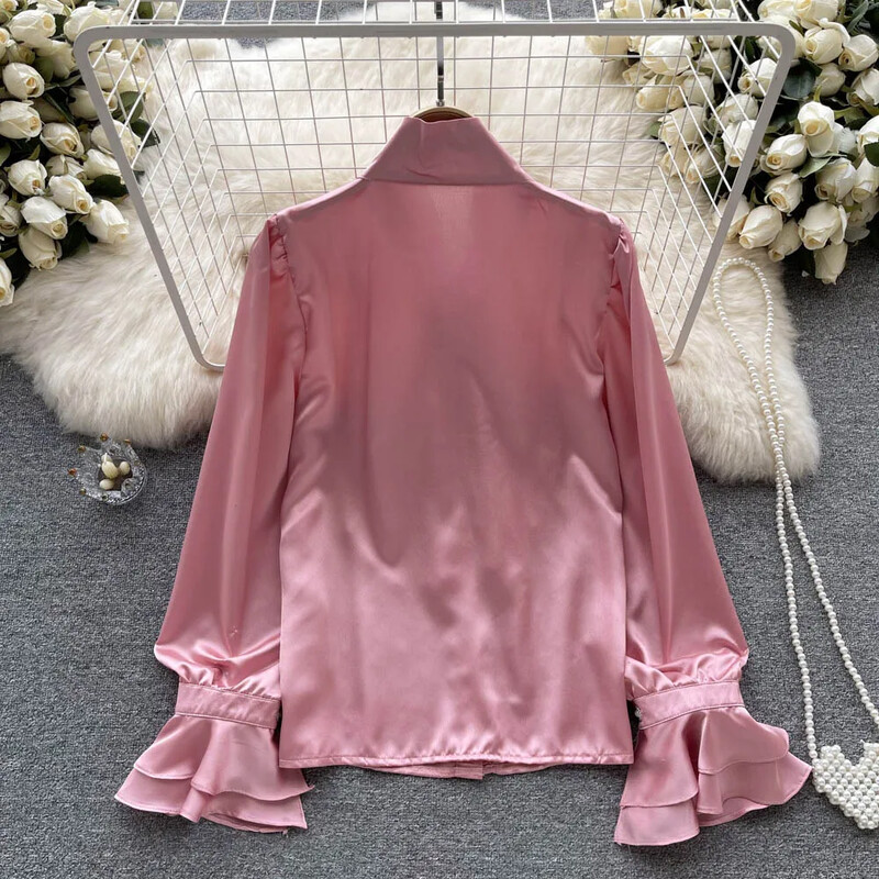 Fodros galléros hosszú, felfújt ujjú ing női koreai divat szatén bő ingek női egysoros gombos felső Dropshipping