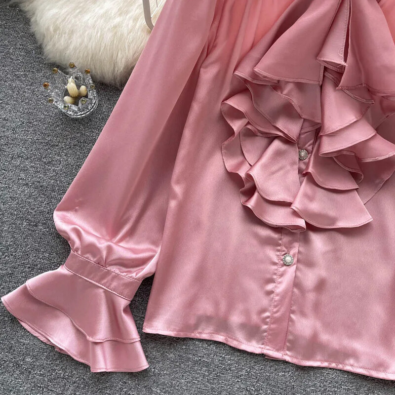 Fodros galléros hosszú, felfújt ujjú ing női koreai divat szatén bő ingek női egysoros gombos felső Dropshipping