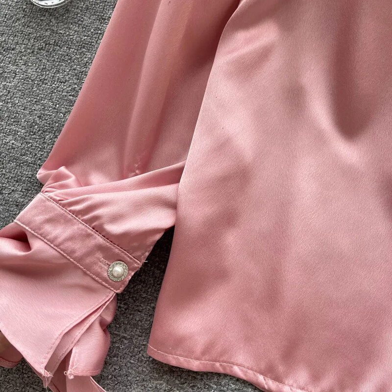 Fodros galléros hosszú, felfújt ujjú ing női koreai divat szatén bő ingek női egysoros gombos felső Dropshipping