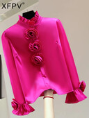 XFPV femei tridimensionale cu flori versiune coreeană bluză guler stand cămăși largi cu mâneci lungi primăvară vară 2024 SM10691