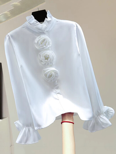 XFPV femei tridimensionale cu flori versiune coreeană bluză guler stand cămăși largi cu mâneci lungi primăvară vară 2024 SM10691