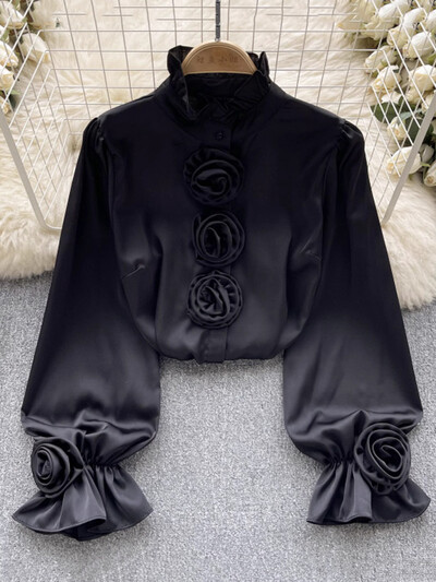 XFPV femei tridimensionale cu flori versiune coreeană bluză guler stand cămăși largi cu mâneci lungi primăvară vară 2024 SM10691