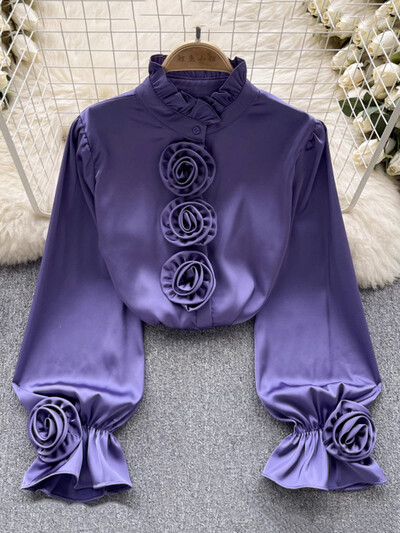 XFPV femei tridimensionale cu flori versiune coreeană bluză guler stand cămăși largi cu mâneci lungi primăvară vară 2024 SM10691