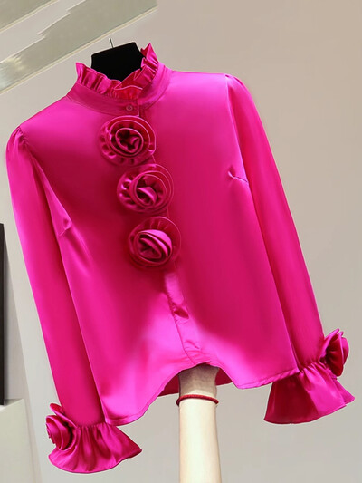 XFPV femei tridimensionale cu flori versiune coreeană bluză guler stand cămăși largi cu mâneci lungi primăvară vară 2024 SM10691