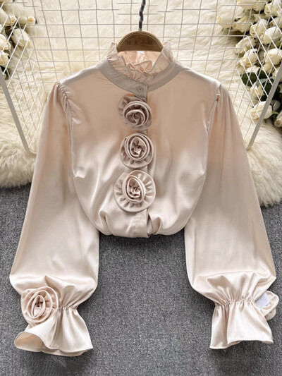 XFPV femei tridimensionale cu flori versiune coreeană bluză guler stand cămăși largi cu mâneci lungi primăvară vară 2024 SM10691