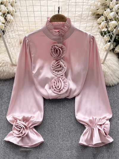 XFPV femei tridimensionale cu flori versiune coreeană bluză guler stand cămăși largi cu mâneci lungi primăvară vară 2024 SM10691