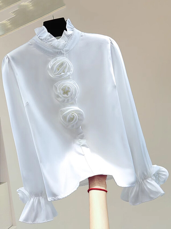 XFPV femei tridimensionale cu flori versiune coreeană bluză guler stand cămăși largi cu mâneci lungi primăvară vară 2024 SM10691