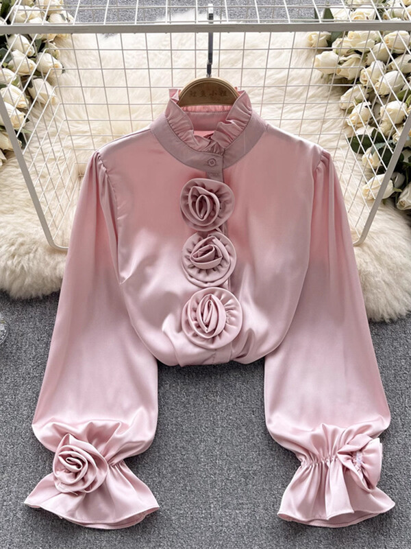 XFPV femei tridimensionale cu flori versiune coreeană bluză guler stand cămăși largi cu mâneci lungi primăvară vară 2024 SM10691