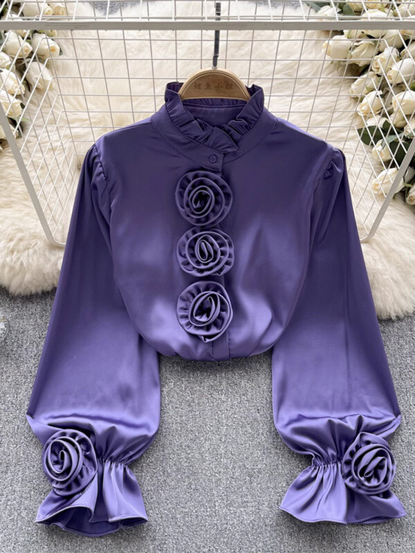 XFPV femei tridimensionale cu flori versiune coreeană bluză guler stand cămăși largi cu mâneci lungi primăvară vară 2024 SM10691