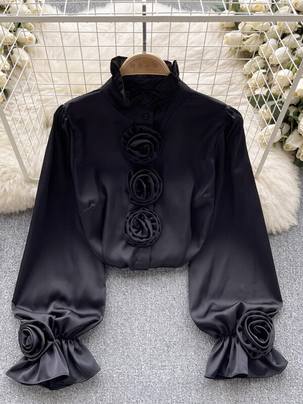 XFPV femei tridimensionale cu flori versiune coreeană bluză guler stand cămăși largi cu mâneci lungi primăvară vară 2024 SM10691