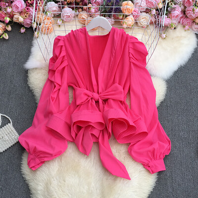 XFPV női temperamentum pántos derék zárt tömör masni ing puff hosszú ujjú felső blúz Y2k felső édes koreai nyár 2023 SM2981