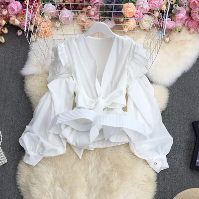 XFPV női temperamentum pántos derék zárt tömör masni ing puff hosszú ujjú felső blúz Y2k felső édes koreai nyár 2023 SM2981