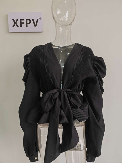 XFPV női temperamentum pántos derék zárt tömör masni ing puff hosszú ujjú felső blúz Y2k felső édes koreai nyár 2023 SM2981