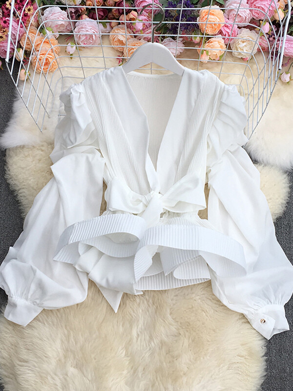 XFPV női temperamentum pántos derék zárt tömör masni ing puff hosszú ujjú felső blúz Y2k felső édes koreai nyár 2023 SM2981