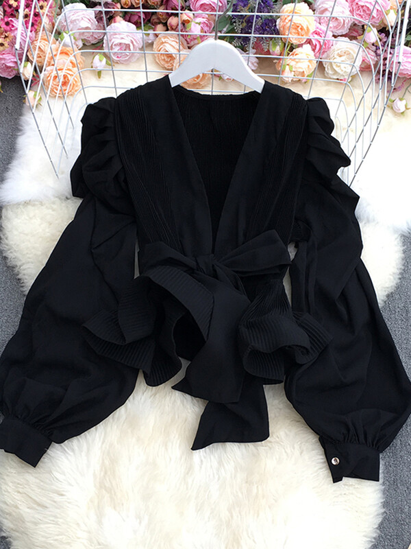 XFPV női temperamentum pántos derék zárt tömör masni ing puff hosszú ujjú felső blúz Y2k felső édes koreai nyár 2023 SM2981