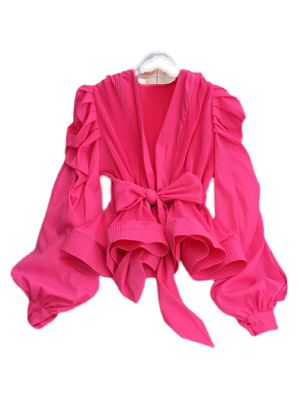 XFPV női temperamentum pántos derék zárt tömör masni ing puff hosszú ujjú felső blúz Y2k felső édes koreai nyár 2023 SM2981