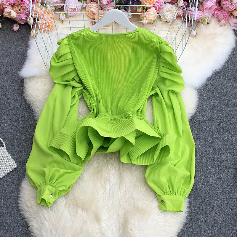 XFPV női temperamentum pántos derék zárt tömör masni ing puff hosszú ujjú felső blúz Y2k felső édes koreai nyár 2023 SM2981