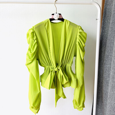 Elegáns francia blúz női hajlított élű, V-nyakú, hosszú, felfújt ujjú ingek Őszi udvar stílusú alkalmi női felsők Dropshipping