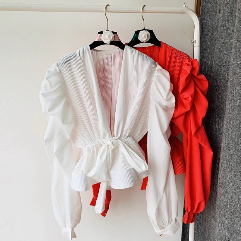 Elegáns francia blúz női hajlított élű, V-nyakú, hosszú, felfújt ujjú ingek Őszi udvar stílusú alkalmi női felsők Dropshipping